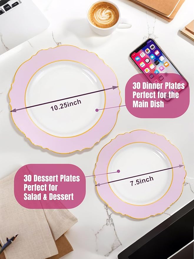 WDF 60Pcs Pink Plates Disposable with Gold Rim - Baroque Clear Pink and Gold Plastic Party Plates Ideal for Wedding/Baby Shower/Spring/Mother's Day