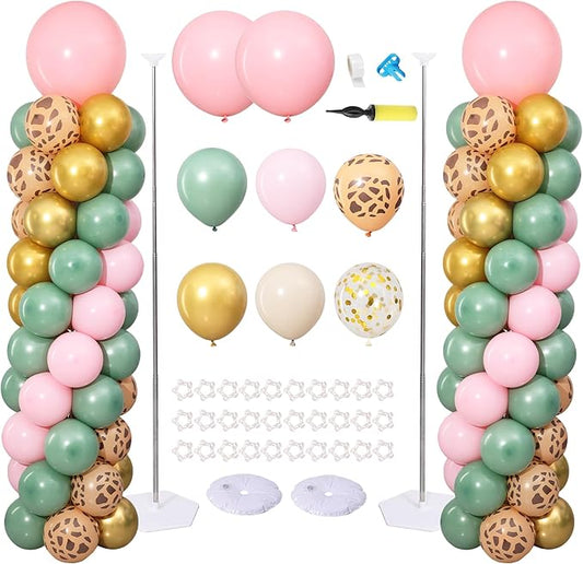 Pink Jungle Safari Balloon Column Stand Kit Set of 2 for Floor, Pink and Green Gold Balloon Arch Kit Balloon Towers for Girl Jungle Safari Baby Shower Wild One Birthday Party Decorations