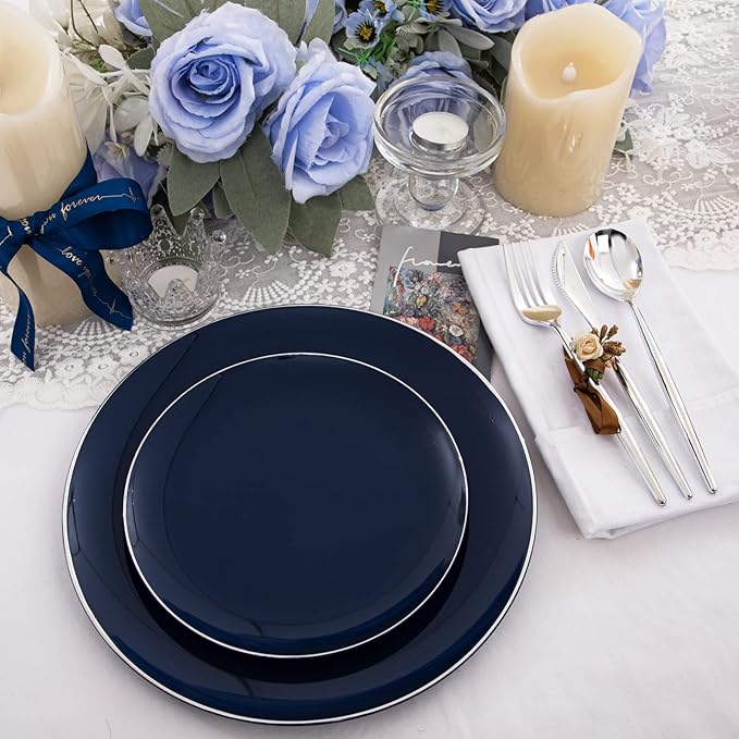 I00000 150Pcs Blue Plastic Plates,Hanukkah Plastic Plates,Navy Blue Disposable Plates with Silverware include 30 Dinner Plates10.25,30 Dessert Plates10.25,90 Silver Silverware Set for Party