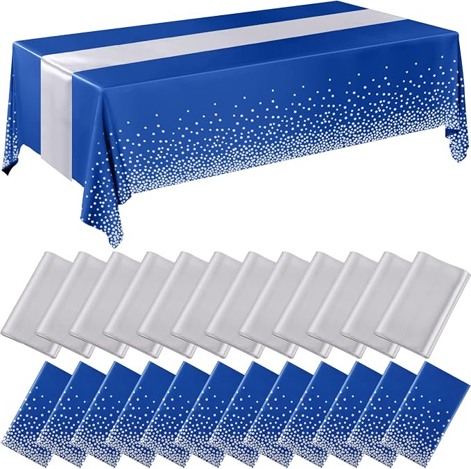 Breling 24 Packs Navy Blue and Silver Disposable Plastic Tablecloths and Satin Table Runner Set, 54 x 108 Inch Tablecloth, 12 x 108 Inch Table Runners for Wedding Graduation Birthday Baby Shower