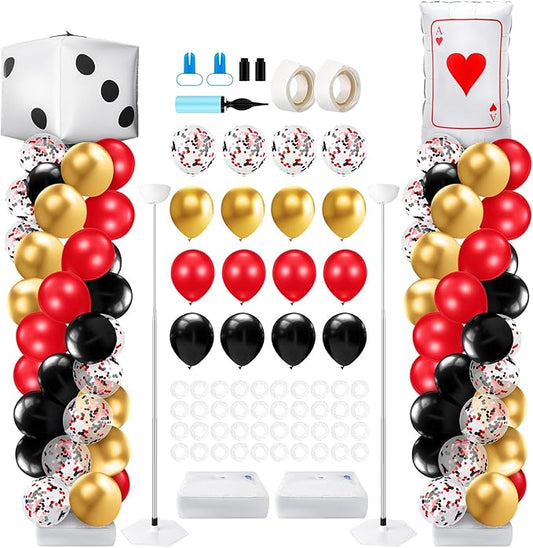 Kasyat 2 Set Casino Balloon Column Stand Kit Adjustable Red Black Gold Dice Poker Foil Balloons Arch Garland Kit for Birthday Casino Night Las Vegas Theme Party Decorations