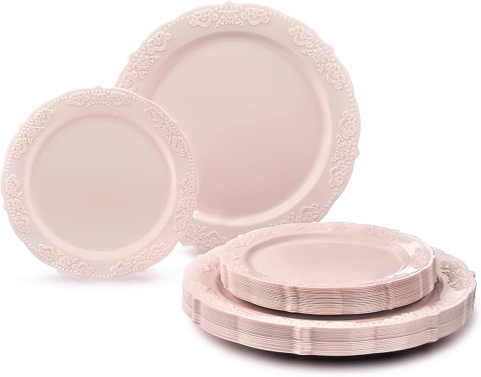 " OCCASIONS " 240 Plates Pack,(120 Guests) Vintage Wedding Party Disposable Plastic Plates Set-120x10.25'' Dinner +120x7.5'' Salad/Dessert Plate (Portofino Light Pink/Blush)