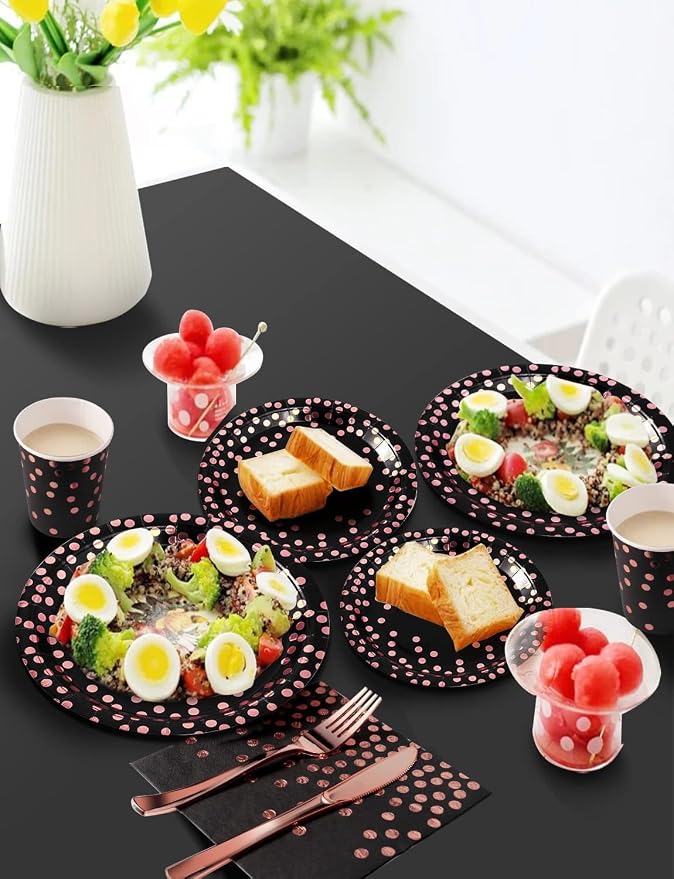 Nkaiso 141 Pieces Black and Rose Gold Party Supplies, Disposable Party Decorations Sets Include Paper Plates Napkins Cups, Plastic Forks Knives Spoons, for Baby Shower Birthday Wedding -20 Guests