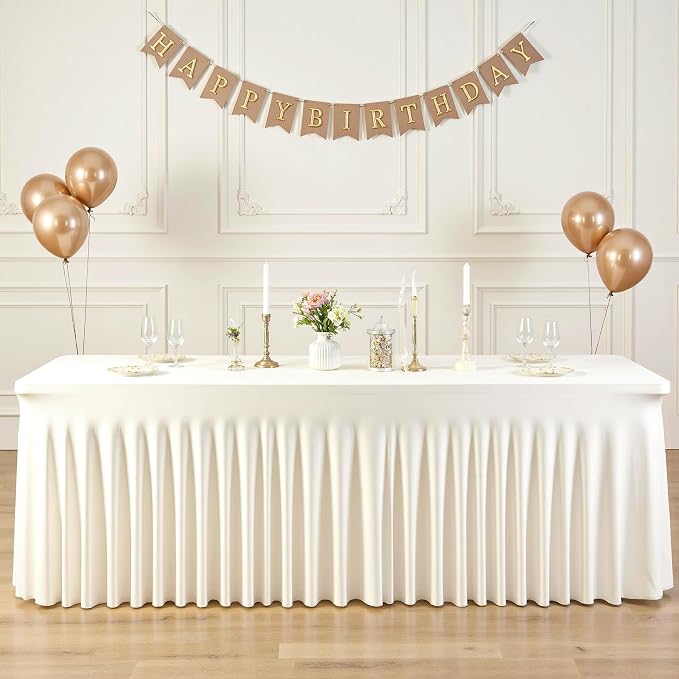 6 Pack Ivory Spandex Tablecloths for Rectangle Tables 6 Foot Ivory Stretch Table Cloth Rectangle 6ft Elastic Fitted Table Cover with Skirt for Wedding Birthday Party Banquet Baby Shower Buffet Event