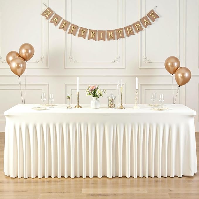 8ft Ivory Spandex Table Cloths for Rectangle Tables Wrinkle Free Ivory Rectangle Tablecloths, Stretch Fitted Table Cover with Skirt for Wedding Birthday Party Banquet Baby Shower Buffet Event