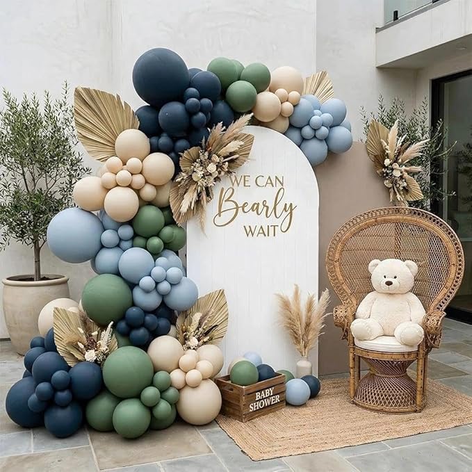 Double Stuffed Navy Blue & Sage Green Balloon Garland Arch Kit, Multi-size Matte Dusty Blue Sand Latex Balloons for Baby Shower,Gentleman Theme Party,Birthday,Bridal Wedding,Graduation