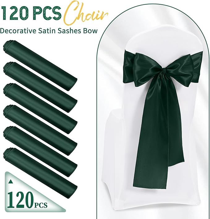 120 PCS Emerald Green Satin Chair Sashes, Ties Bows Designed Chairs Decorative, Chair Cover Sashes for Thanksgiving Wedding Christmas Banquet Party Home Kitchen Decoration (7 x 108 inch)
