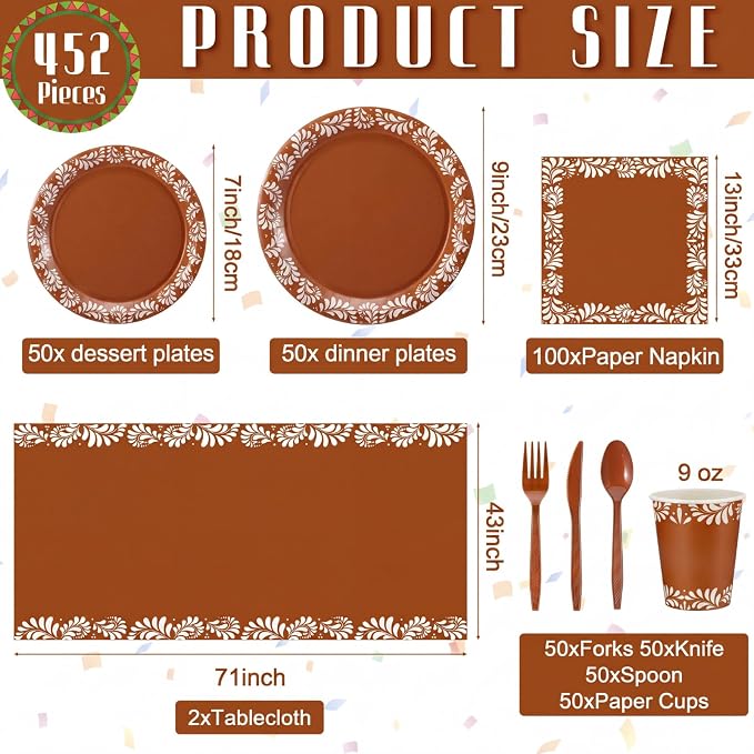 Vesici 452 Pcs Cielito Lindo Party Decoration Platos De Barro Mexicanos Fiesta Paper Plates Mexican Napkins Tablecloth Talavera Tableware Set for Cinco De Mayo Baby Shower Wedding Supplies, Serve 50