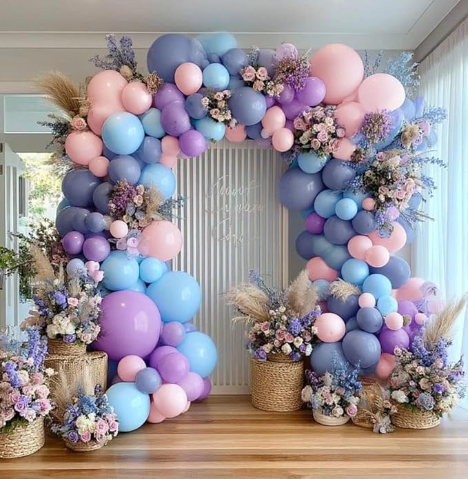 Pink Blue Purple Balloon Garland Double Stuffed Lavender Lilac Dusty Blue Pastel Balloon Arch Kit For Baby Shower Gender Reveal Baptism Birthday Party Decoration