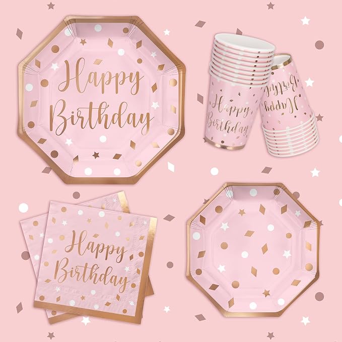 Rose Gold Birthday Party Supplies - Disposable Paper Plates, Napkins, Cups, Tablecloth & Banner for Girl/Women Celebration, Serves 25 - Decorate with Our Rose Gold Plates and Napkins Set