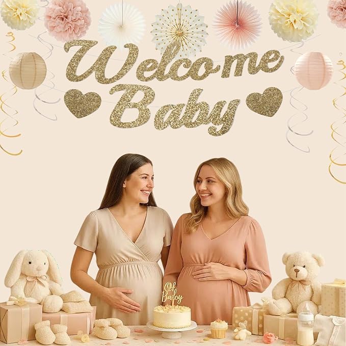 Champagne Gold Beige Baby Shower Party Decorations, Welcome Baby Banner, Paper Pompoms, Lanterns, Fans, Hanging Swirls, Circle Dots Garland Tassel Garland for Baby Shower Decorations 37pcs