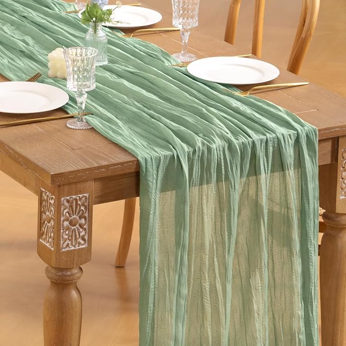 Sage Green Cheesecloth Table Runner 10FT Boho Rustic Sheer Gauze Cheese Cloth Table Runner 35x120 Inch for Spring Wedding Bridal Baby Shower Birthday Home Decor