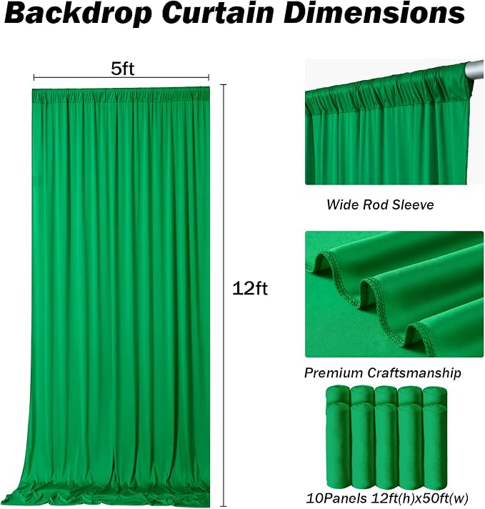 50ft×12ft Green Backdrop Curtains for Wedding Parties, 10 Panels Wrinkle Free Polyester Photo Backdrop Drapes Back Drop Cloth for Birthday Photography Background