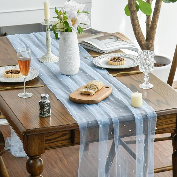 Artoid Mode 10PCS Pearl Blue Gauze Table Runner 120 Inch 10FT, Seasonal Sheer Dining Holiday Wedding Birthday Baby Shower Table Decor for Home Party