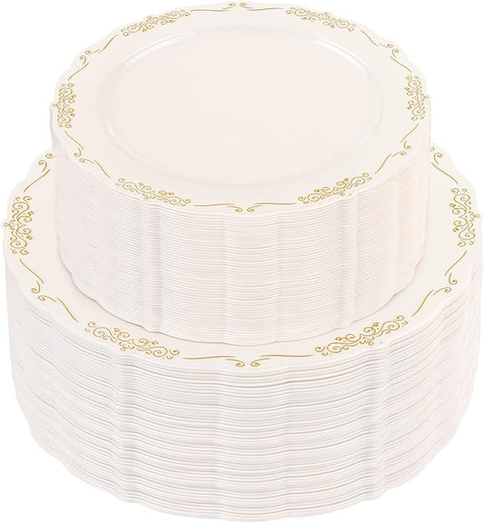 U-QE 100 PCS Ivory Plastic Plates with Gold Rim - Gold Plastic Plates for Party - Heavy Duty Plastic Plates Disposable Use Including 50 Dinner Plates 10 '' & 50 Dessert Plates 7.5 ''