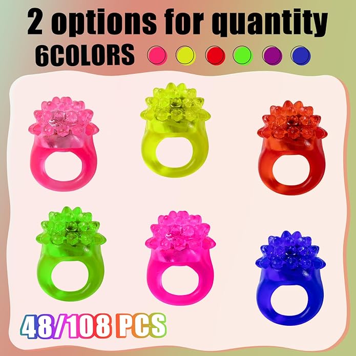 48/108 Pcs LED Light Up Ring - Glow in the Dark Party Favors, Soft Jelly Toy Rings Finger Lights in Treasure Box, Bulk Prize Gift for Kids & Adults (6 Colors)
