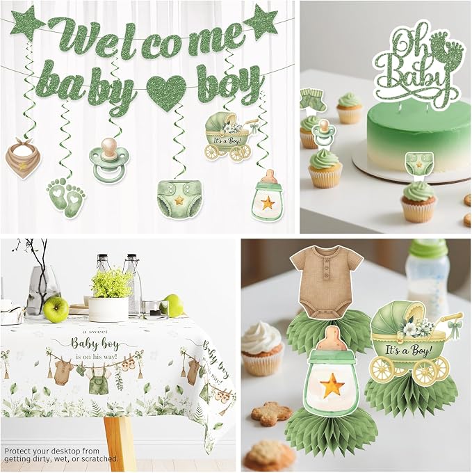 Xynic 201PCS Greenery Baby Shower Decorations Boy Tableware Set, 25 Serves Disposable Thick Plates and Napkins Set, with Pre-strung Banner, Tablecloth, for Baby Shower Boy Decorations