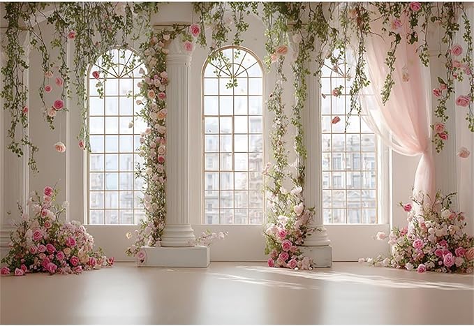 Baocicco Pink Palace Backdrops 10x8ft White and Pink Windowsills Botanical Background Princess Birthday Party Banner Supplies Wedding Ceremony Anniversary Engagement Banner Photo Booth Studio Prop