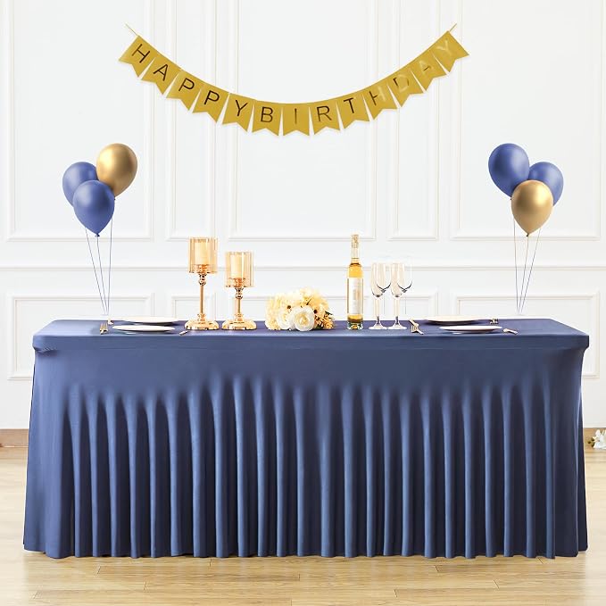 Suppromo 8ft Navy Blue Spandex Table Cloths for Rectangle Tables Wrinkle Free Rectangle Tablecloths, Stretch Fitted Table Cover with Skirt for Birthday Party Wedding Banquet Baby Shower Buffet Event