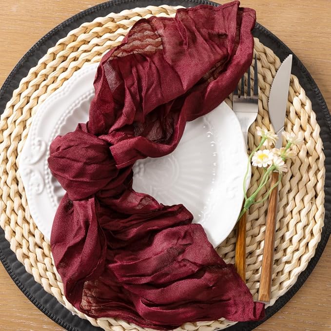 10pcs Burgundy Red Cheesecloth Napkins Washable Boho Rustic Gauze Table Cloth Napkins Bulk 21x21 Inches for Wedding Party Bridal Baby Shower Birthday Table Decor