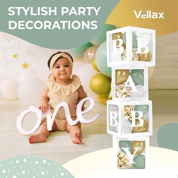 44-Piece Baby Shower Decorations for Boy or Girl - 4 Boxes with Letters and 32 Balloons - Sage Green and Metallic Gold (Boho Style) - Gender Reveal Party Supplies - Photo Shoot Backdrop
