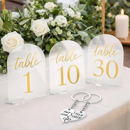Acrylic Sign Gold Printed Table Numbers, Wedding Table Number for Wedding Reception Hotals Acrylic Sheets with Place Card Holder (30 Pcs (5 x 7 Inches))