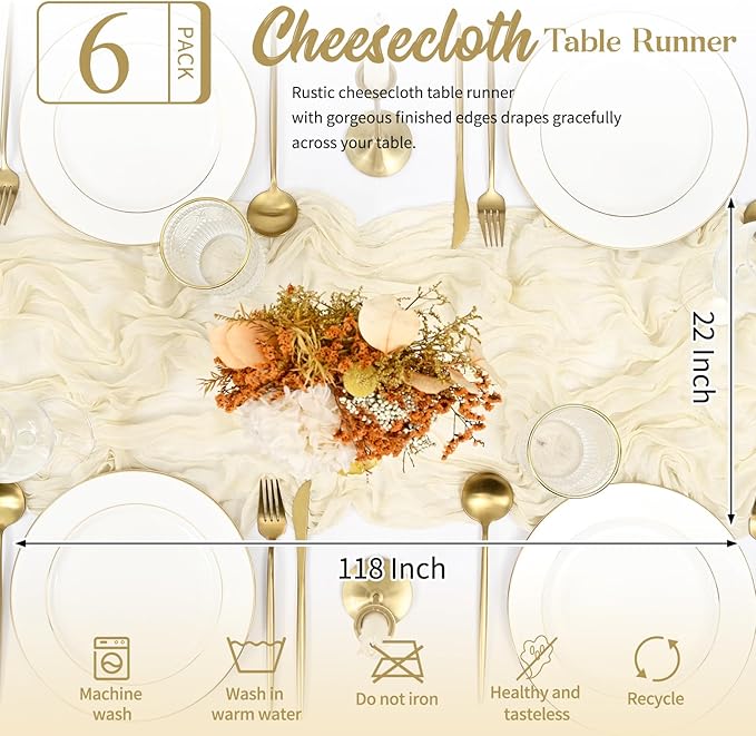 6 Pack Ivory Table Runner 10FT Long Cheesecloth Table Runner Cheese Cloth Gauze for Wedding Party Birthday Decoration-Ivory