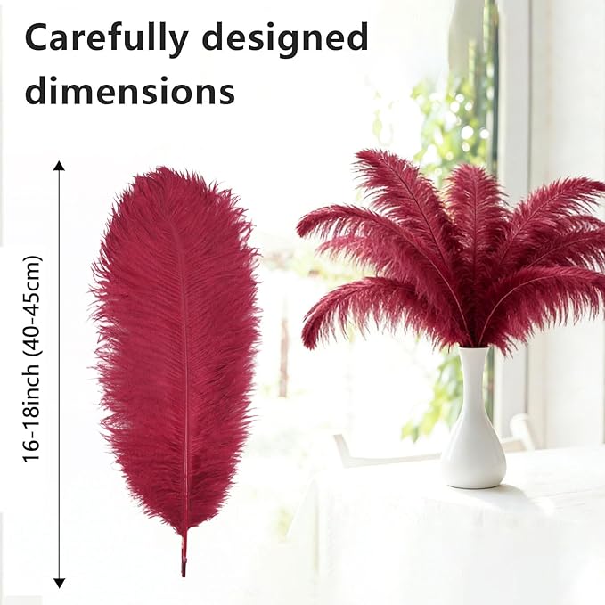 10pcs Natural Ostrich Feather Craft 16-18inch(40-45cm) Plume for Wedding Centerpieces Home Decoration DIY（WineRed, 10Pcs 16-18inch)