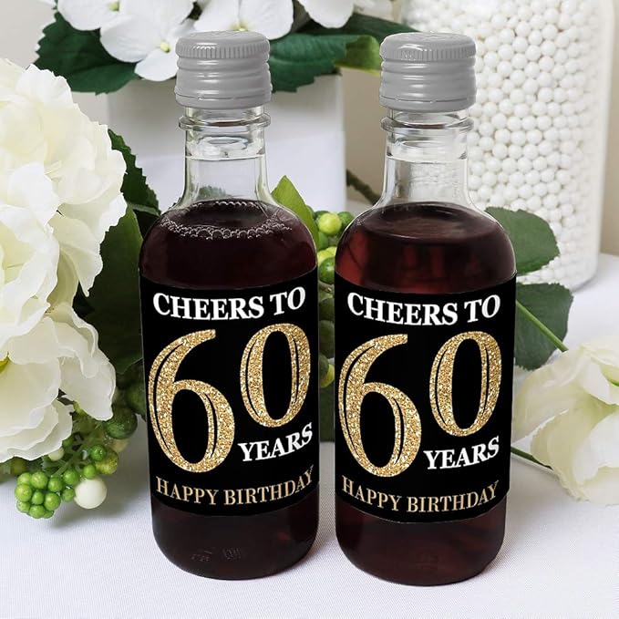 Big Dot of Happiness Adult 60th Birthday - Gold - Mini Wine and Champagne Bottle Label Stickers - Birthday Party Favor Gift for Women and Men - Set of 16