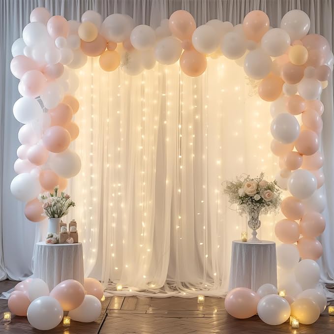 10ft x 8ft White Backdrop Curtains with Lights String for Parties, Sheer Tulle Wedding Photo Backdrops Drapes for Baby Shower Birthday Party Decorations Background for Photography