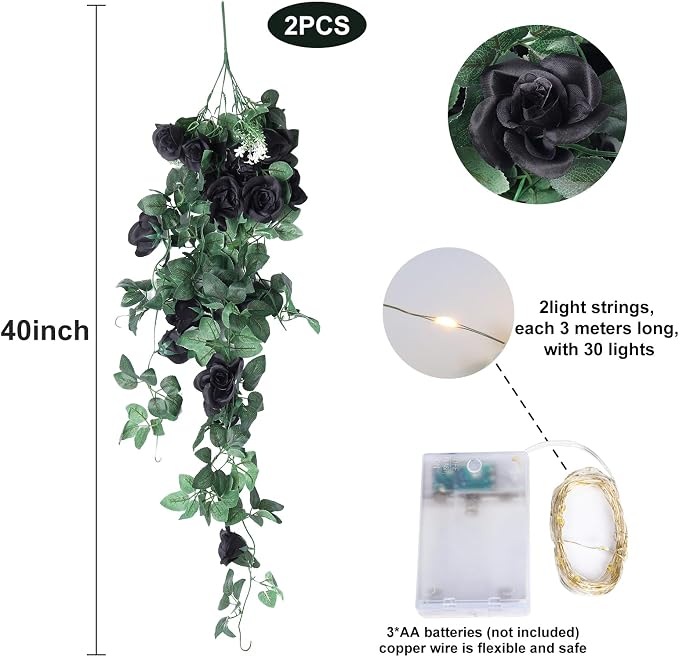 RECUTMS Artificial Black Rose Hanging Flower Plants Decorations, 2 PCS 3.3Ft Fake Floral lvy Garland with 30 LED Fairy String Lights for Indoor Wall Wedding Outdoor Home Garden Gothic Halloween Decor