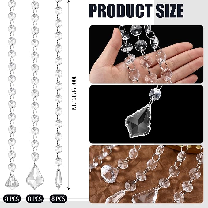 24 Pcs 39 Inch Clear Acrylic Crystal Garland Strands Hanging Crystal Strings Decoration Chandelier Beaded Chain Ornament Beaded Garland Curtain for Wedding Party Manzanita Tree Centerpiece