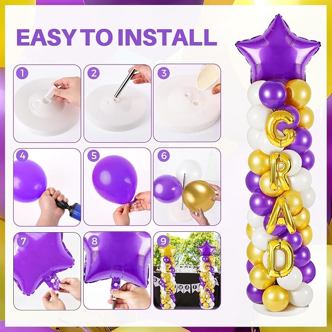 2 Sets Graduation Balloon Column Stand Kits with 132 PCS Purple Golden White Latex Balloons 2026 Letters 6.5 Ft Adjustable Metal Tube Telescopic Tower Pillar with Base for Graduation Party Decoration