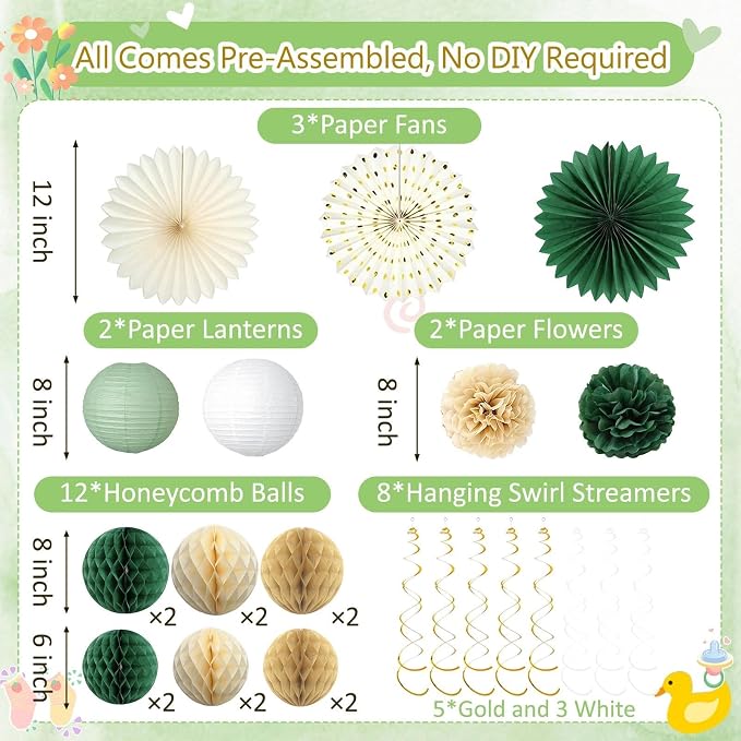 Sage Green Baby Shower Decorations Boy, Pre-Strung Welcome Baby Sign with Honeycomb Balls, Paper Flowers, Lanterns, Fans, Hanging Swirls, Circle Dots Garland for Boy Baby Shower Decorations 24pcs