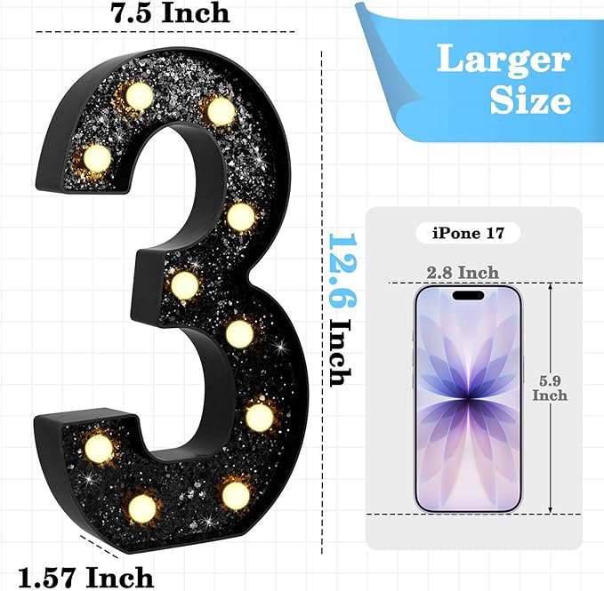 12.6 Inch LED Black Marquee Light Up Numbers, 3rd Birthday Decorations Number Lights as Gifts for Girls Boys, Glitter Lighted Marquee Numbers for Black Anniversary Party Table Decor, 3