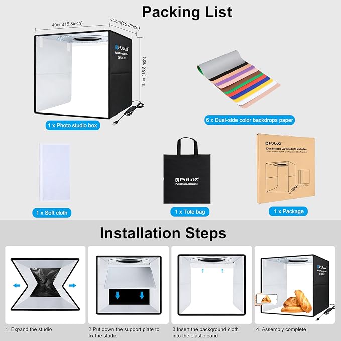 PULUZ 16x16 Inch High CRI≥95 Dimmable Light Box, 144 LED Photo Studio Lighting Kit with 6 Backdrops, Portable Shooting Tent for Product Photography
