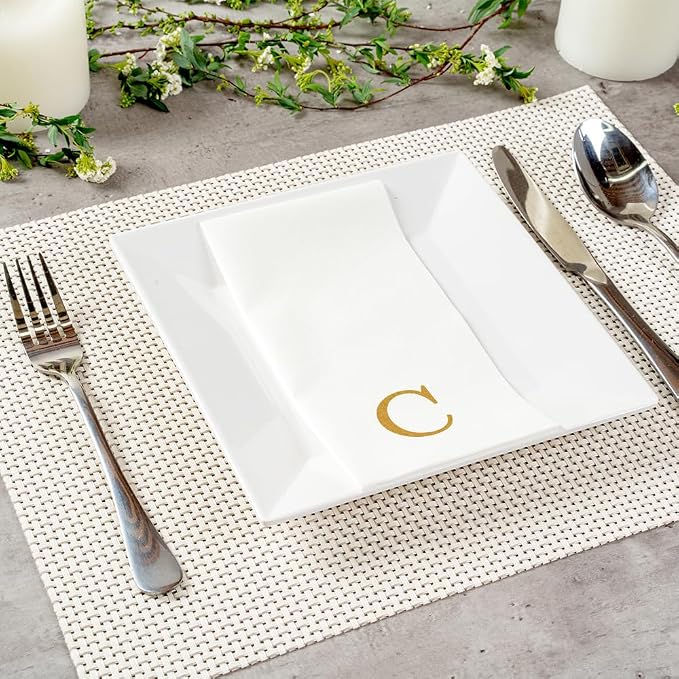Luxenap 15.8 X 7.9 Inch Linen-Feel Guest Towels, 50 Lettered Hand Towels - Gold Letter 'C', Sans Serif Font, White Paper Dinner Napkins, airlaid, For Restrooms And Tables - Restaurantware