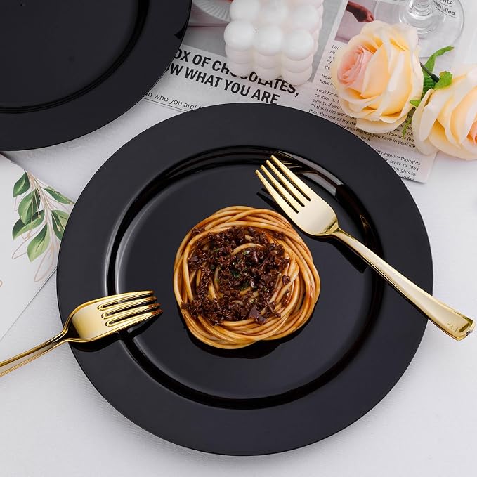 Bestluck 100PCS Black Plastic Plates, Black Disposable Plates for 50 Guests, 50 Dinner Plates 10.25 inch and 50 Dessert Plates 7.5 inch for Party, Graduation, Wedding