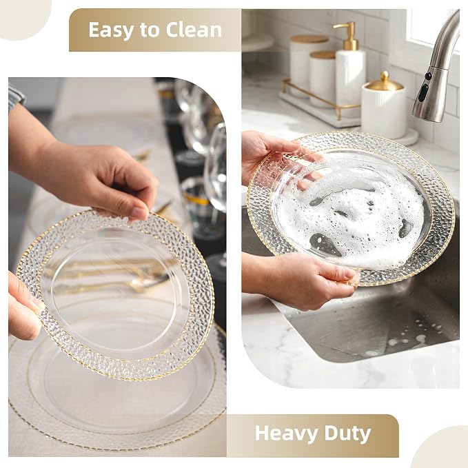 HOMIP 60PCS Clear Plastic Plates with Gold Stone Texture rim - Disposable Party Crystal Plates Include 30PCS 10" Dinner Plate & 30PCS 7" Dessert Plate Perfect for Wedding & Party