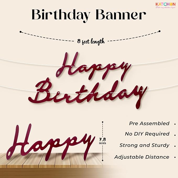 KatchOn, Burgundy Happy Birthday Banner Set – Pre Strung, 10 Ft | Triangle Flag Banner and Pom Pom Garland, Reusable | Burgundy Birthday Decorations for Women, Men | Boho Party Decorations