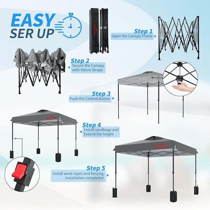 10x10 Pop Up Canopy, Easy Up Canopy Tent, Heavy Duty Tents for Parties, One Person Easy Set Up Event Tent, Light Gray
