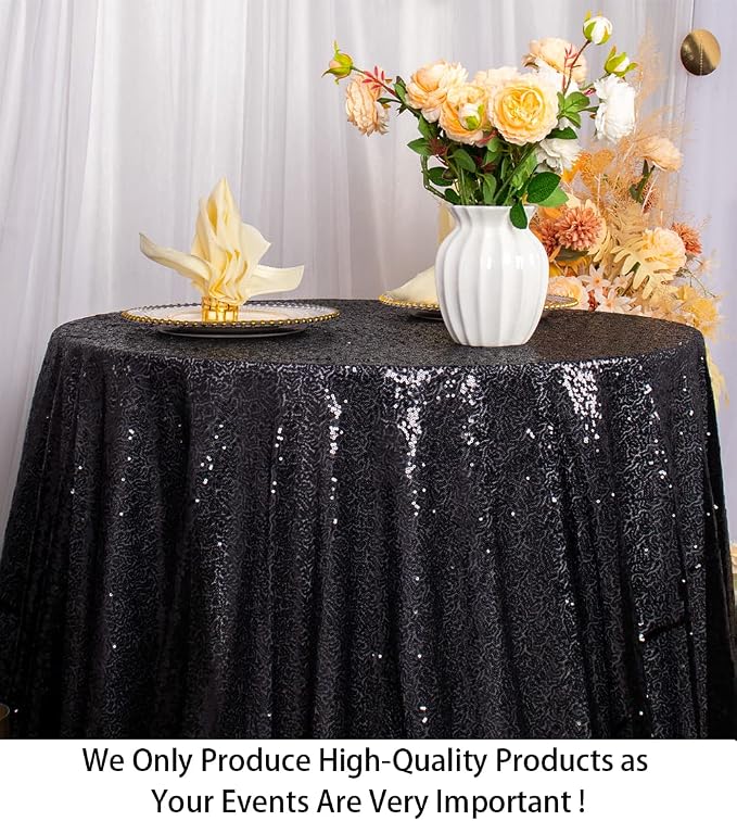 ShiDianYi Sequin Tablecloth Round 72-Inch Black Table Cloths Glitter Sequence Tablecloth Overlay Black Round Table Cover for Wedding/Birthday Cake Table Decor