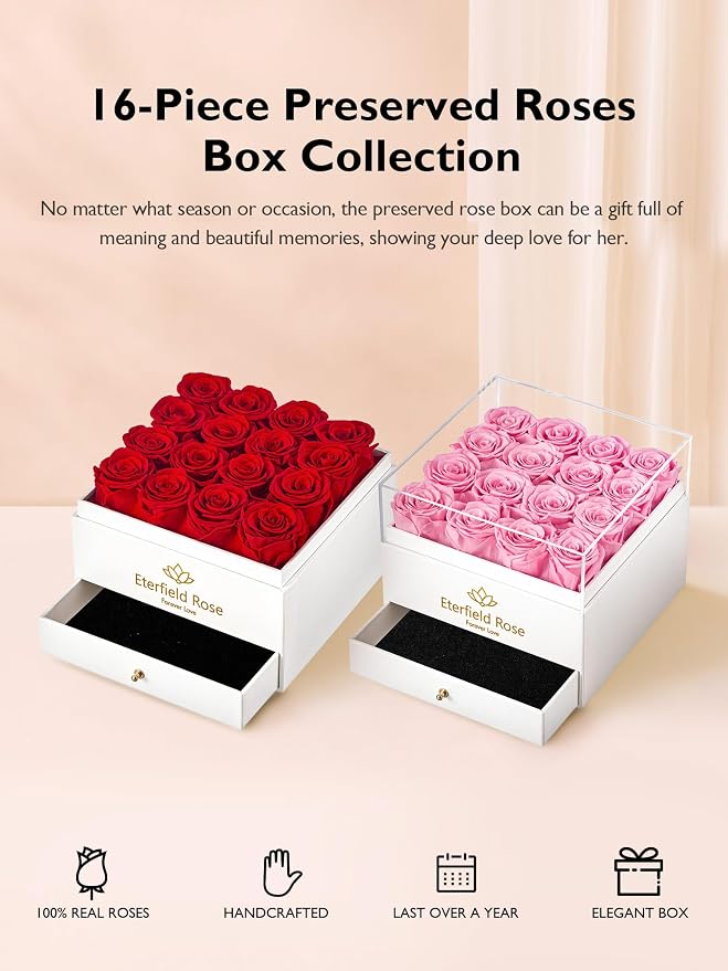 Eterfield Forever Flowers Preserved Roses Real Roses That Last Over a Year Rose Box Gifts for Her Mothers Day Valentines Day Christmas (Square White Box with Drawer, 16 Red Roses)