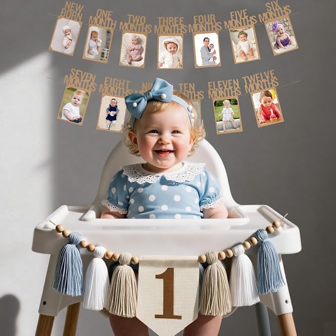 Baby First Birthday Party Decorations First Highchair Banner For Baby Boys Blue High Chair Banner Crown Cake Topper Baby Photo Banner 1st Birthday Photo Backdrop (Blue)