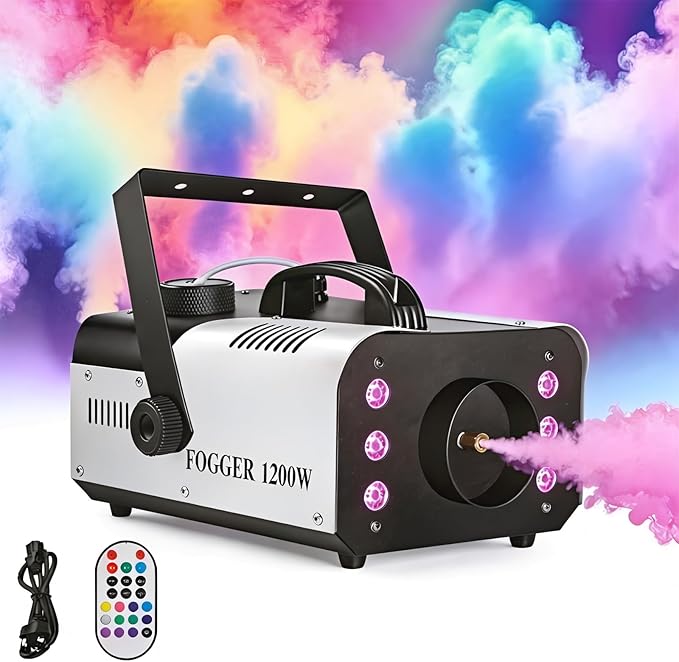 1200W Fog Machine, Halloween Smoke Machine with 14 Colors Lights & Wireless Remote Control, 6000CFM Haze Machine for Wedding, Party, Stage, Indoor, Outdoor.