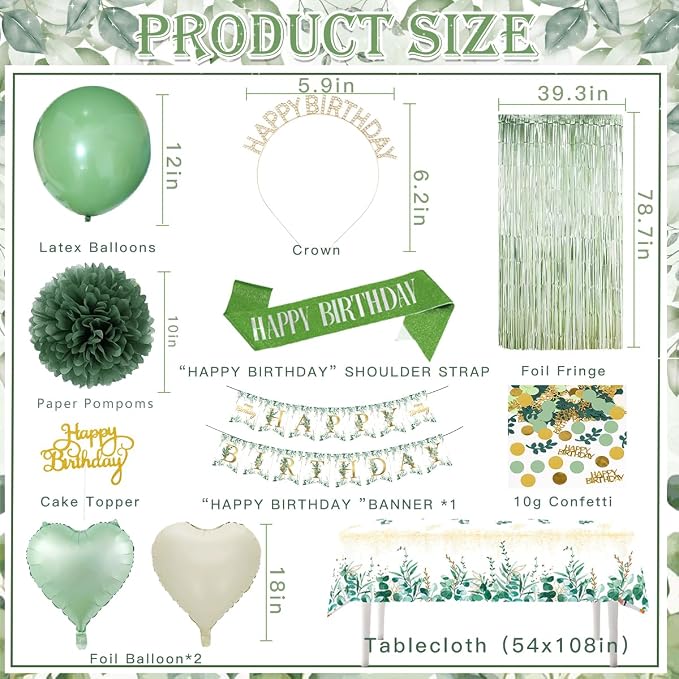 Birthday Decorations Set, Sage Green Party Decoration with Sage Green Balloons, Banner, Pom Poms, Fringe Curtain Background, Birthday Crown, Shoulder Strap for Girls Women Boho Party Supplies