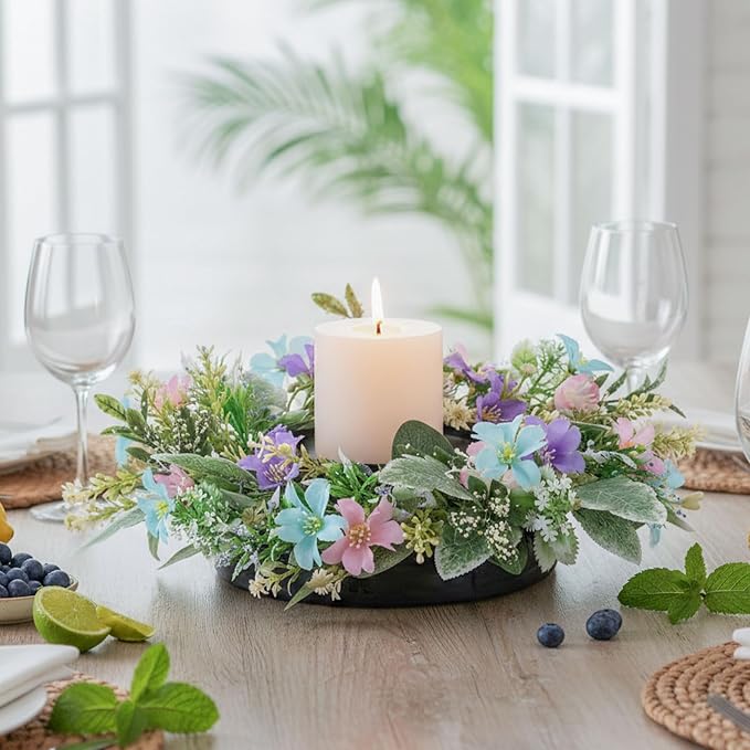 MOYEE Summer Centerpieces for Tables Candle Ring, Black Metal Candlestick with an Artificial Wreaths 14 in Versatile Dining Table Centerpiece Decor (Blue and Purple Flower Wreath)