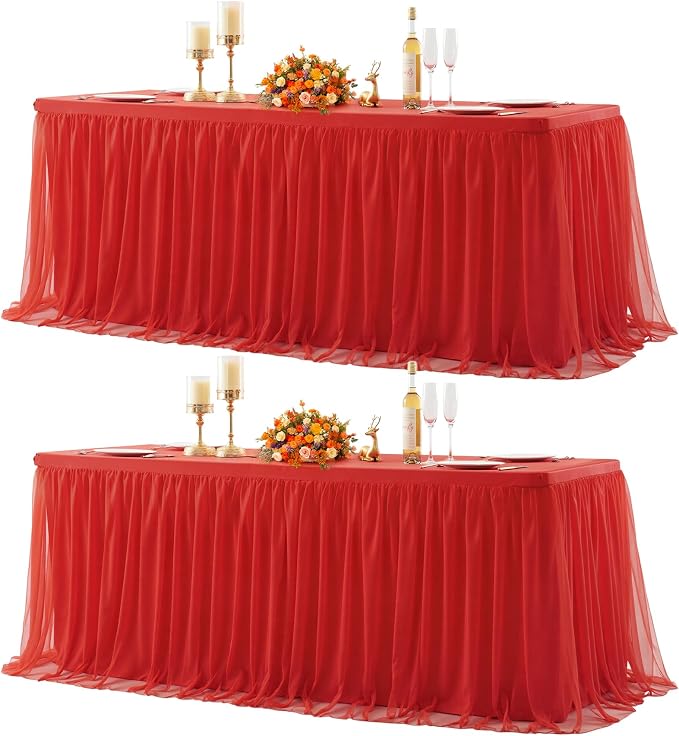 Red Tablecloth Rectangle 6 Foot Fitted Stretch Elastic Tulle Ruffle Tablecloths Rectangular Spandex Table Covers 6ft Birthday Baby Shower Wedding Party Table Cloths with Skirt 2Pack
