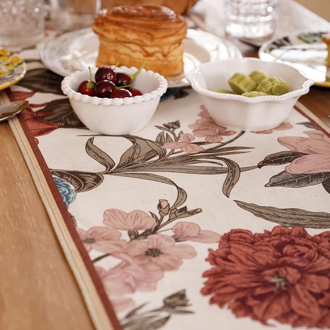 bilin gaier Linen Floral Table Runner 87 Inches Long,Vintage Rustic Farmhouse Blue and Red Flower Table Runners,Table Decoration for Coffee & Dining Table Home Party Kitchen.12 x87-Burgundyred