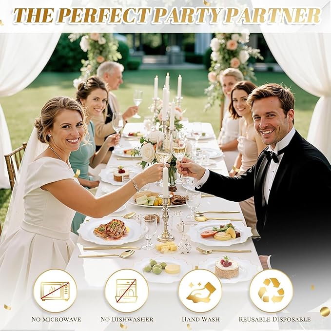 WDF 200PCS White and Gold Plastic Plates - Gold Plastic Plates - Include 100 Dinner & 100 Dessert Disposable Party Plate - Fancy Disposable Plate for Wedding/Baby Shower/Spring/Mother's Day